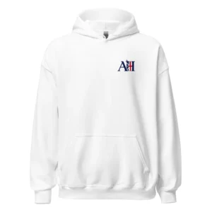 White hoodie with a logo on the chest against a white background