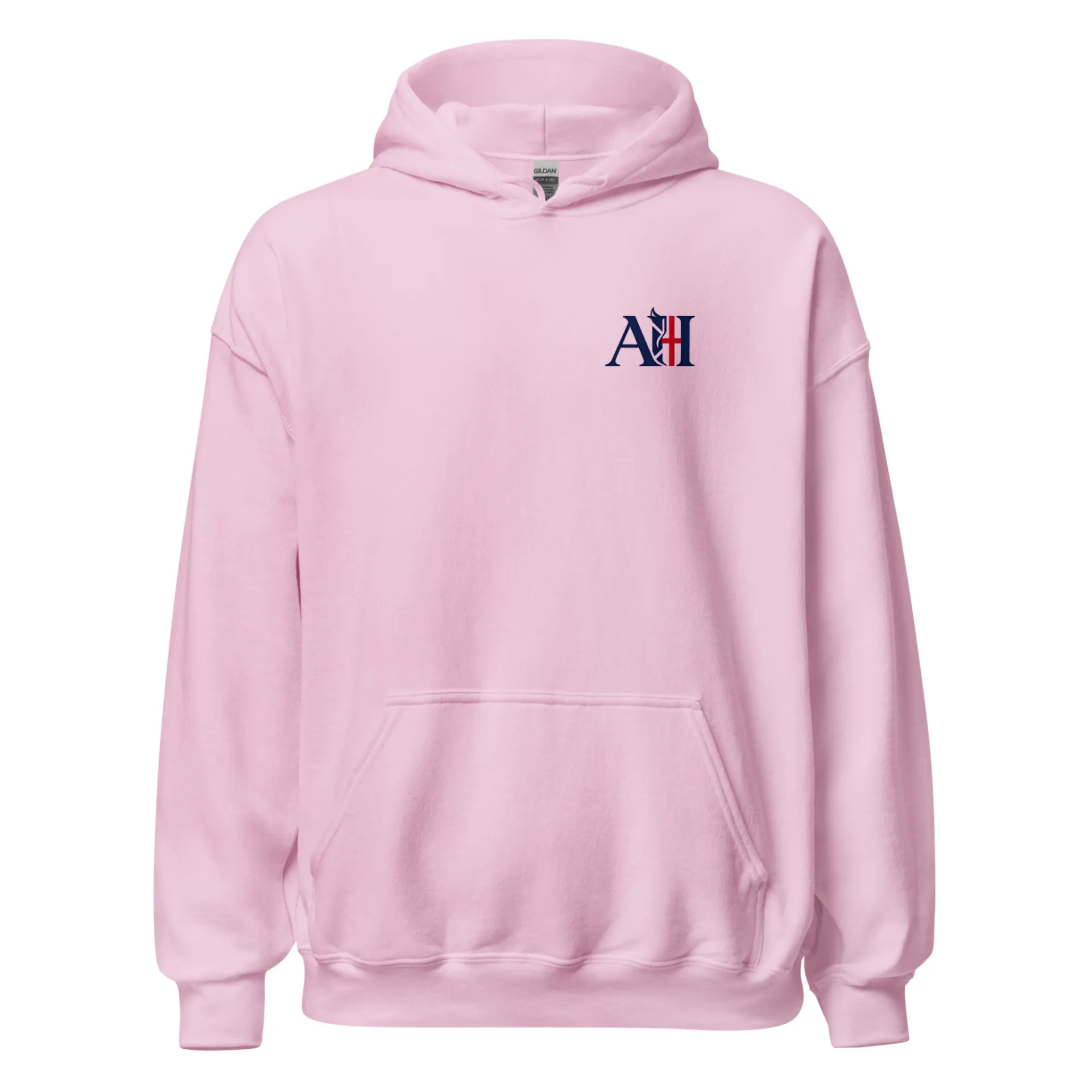 Pink hoodie with a logo on the chest against a white background