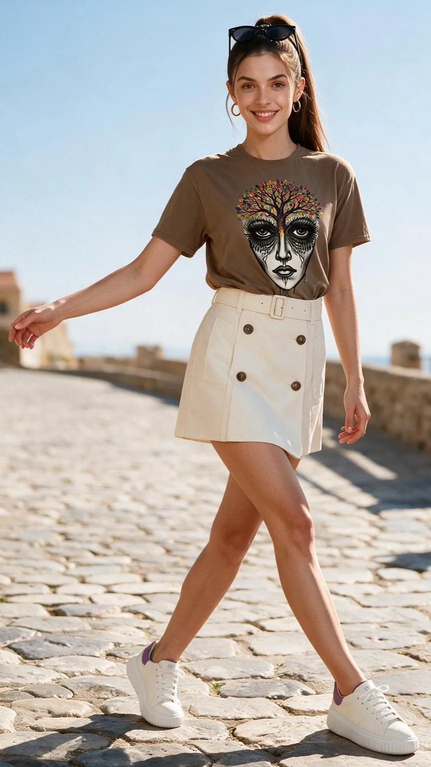 Albert Harry Fashion model Joséphine wearing a brown savana WhoAmI Soul streetwear t-shirt