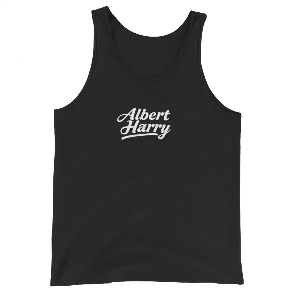 Noemié wearing an Albert Harry classic black tank top with "Albert Harry" centred text graphic, paired with sand cargo pants and Dr Martens boots