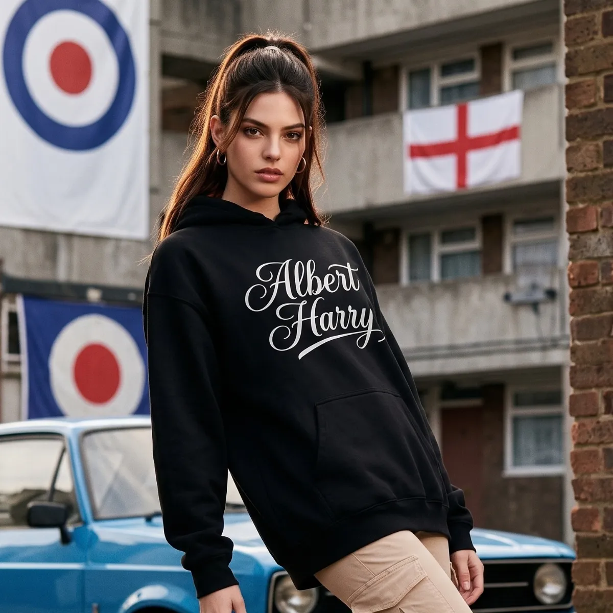 Christophér Dancé wearing an Albert Harry English Roundel Estate Classic royal hoodie