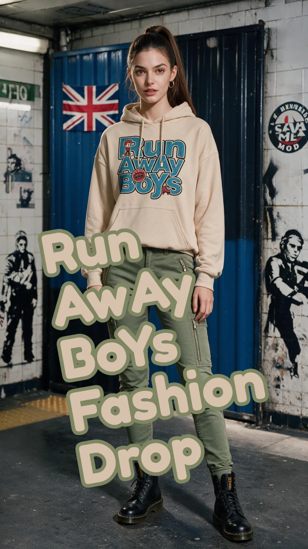 Joséphine wearing an Albert Harry The Witch sand classic hoodie paired with military green cargo pants and Dr. Martins boots