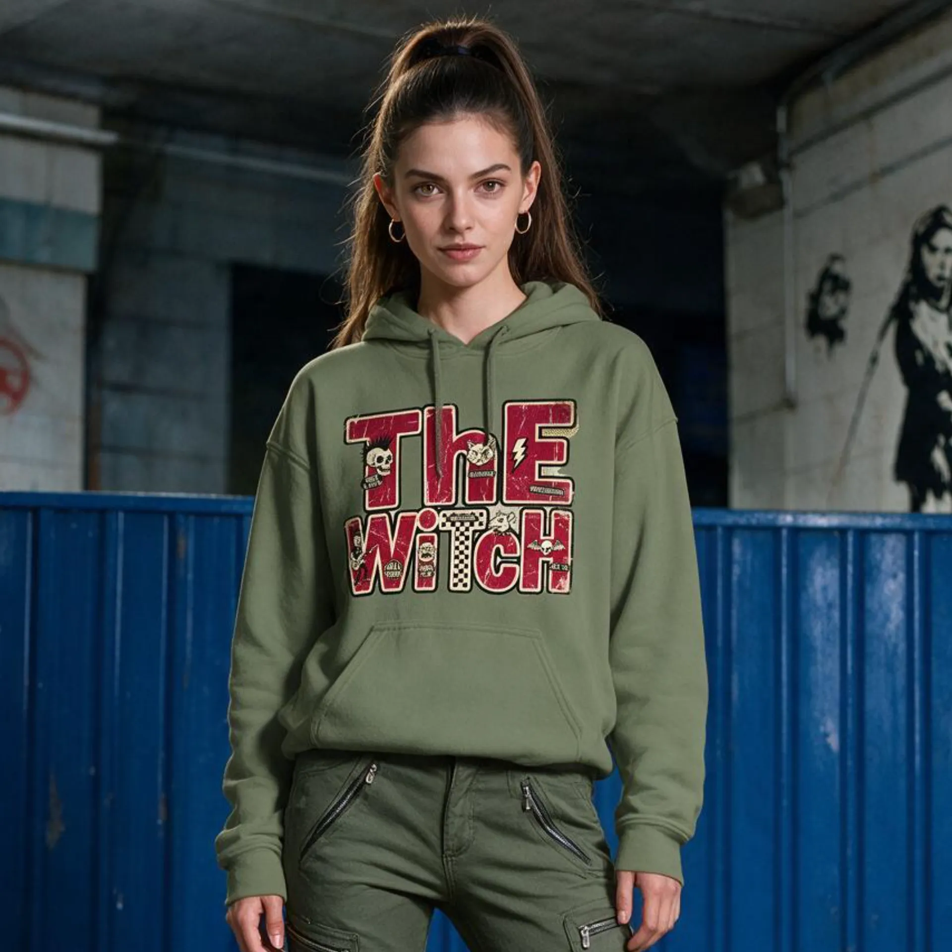 Joséphine wearing an Albert Harry The Witch military green classic Hoodie paired with cargo pants and Dr. Martins boots