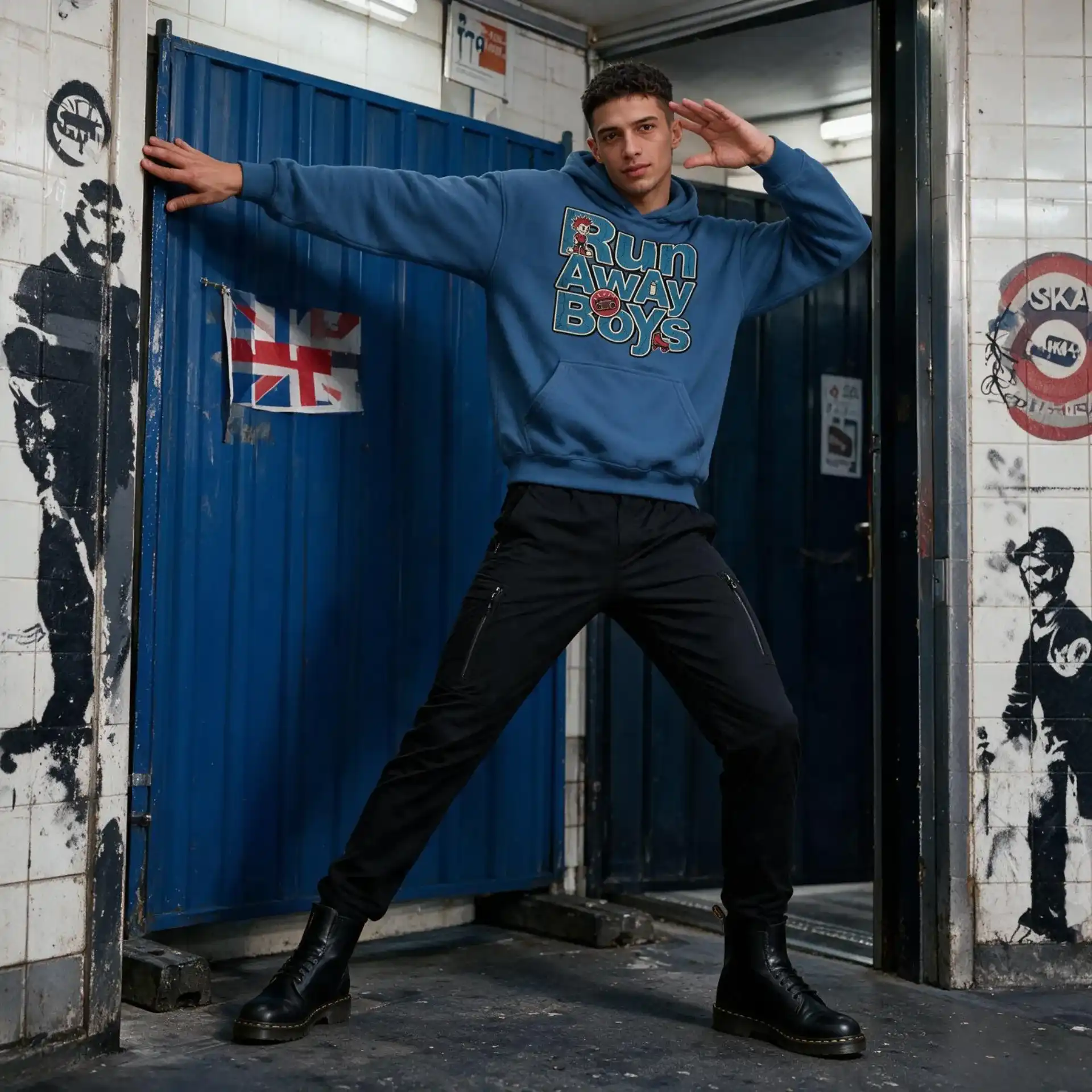 Christophér wearing an Albert Harry Run AwAy BoYs classic indigo blue hoodie paired with black cargo pants and Dr. Martens boots